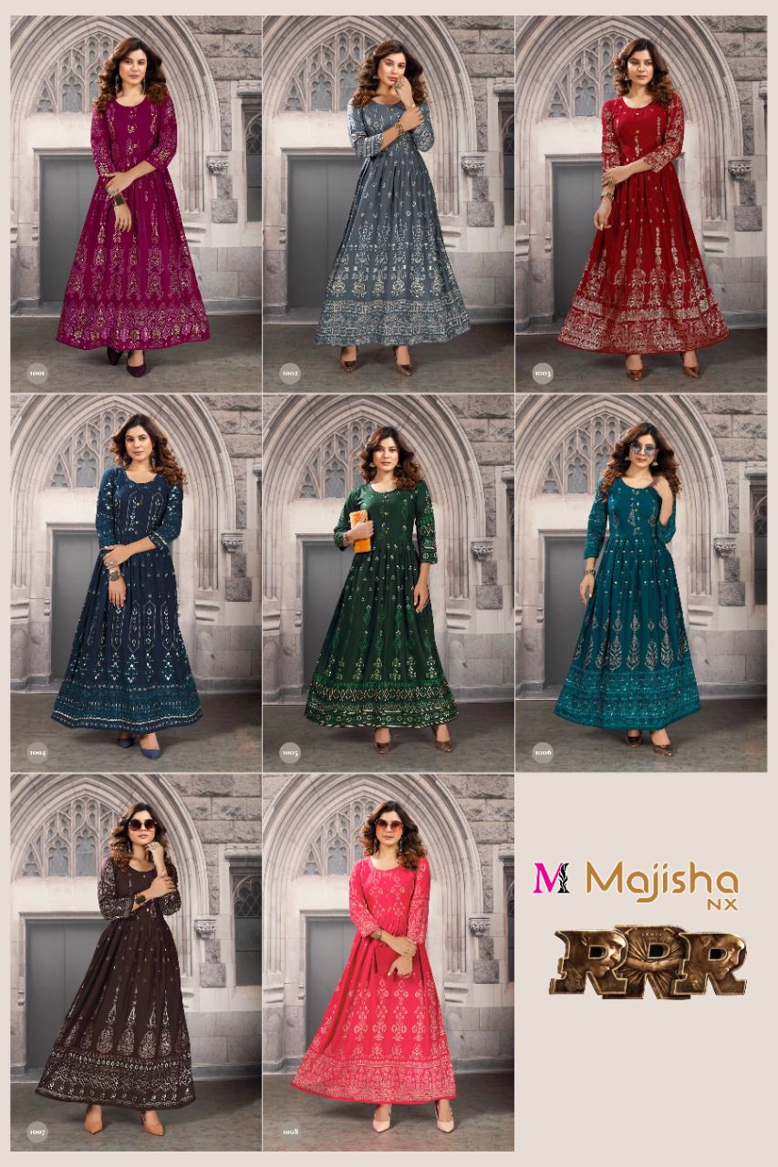 Majisha Nx Rrr 1 Heavy Festive Wear Rayon Printed Long Anarkali Kurti Collection